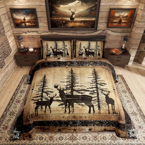 Erosebridal Rustic Deer Comforter Set Farmhouse Cabin Bedding Set Queen Western Woodland Wildlife Bedding Comforter Sets for Kids Boys Adults Men Black Retro Country Animal Quilt Duvet 3 Pcs