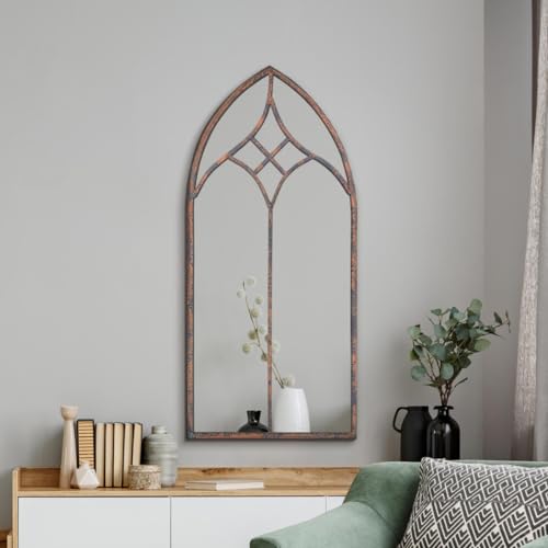 "MirrorOutlet The Kirkby - Rustic Metal Framed Gothic Arched Wall Mirror 40"" X 20"" (100CM X 49CM) Glass Mirror with Black All weather Backing, Bronze"
