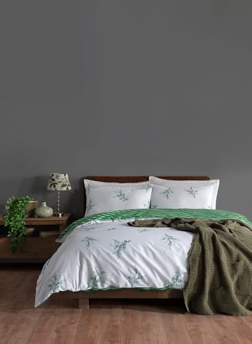 Nuit Des Rêves Ranforce King Quilt Cover Set (200 x 220 cm), 100% Cotton, White & Green, 2 Pillowcases (80 x 80 cm), Machine Washable, Elegant Pigment Printing