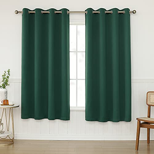 KEQIAOSUOCAI Green Blackout Curtains 63 Inch for Living Room - Thermal Insulated Light Blocking Grommet Dark Green Curtains Drapes Sets Emerald Curtain for Bedroom Kitchen, 2 Panels, 52Wx63L
