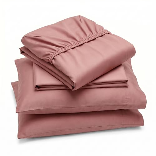 Peru Pima 415 Thread Count Percal King Sheet Set - 100% Peruvian Pima Cotton, 4 Piece (Flat, Fitted, 2 Pillowcases) - Cooling, Crisp, Deep Pocket, Hotel Quality Bedding - Rose Gold