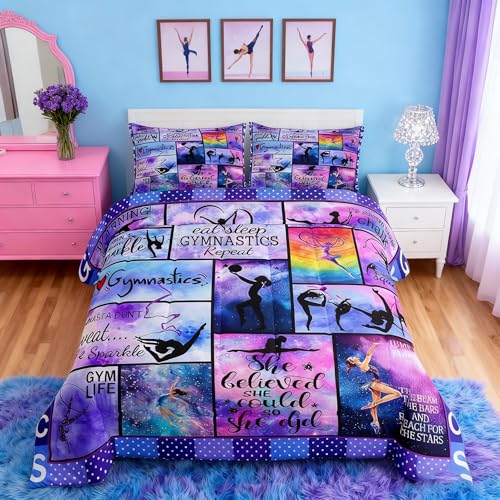 Manfei Gymnastics Comforter Set Twin Size Gymnastics Lovers Bedding Set 2pcs for Gymnast Girls Teens Room Decor, Geometric Checkered Print Quilt Set Luxury Girly Duvet Set with 1 Pillowcase