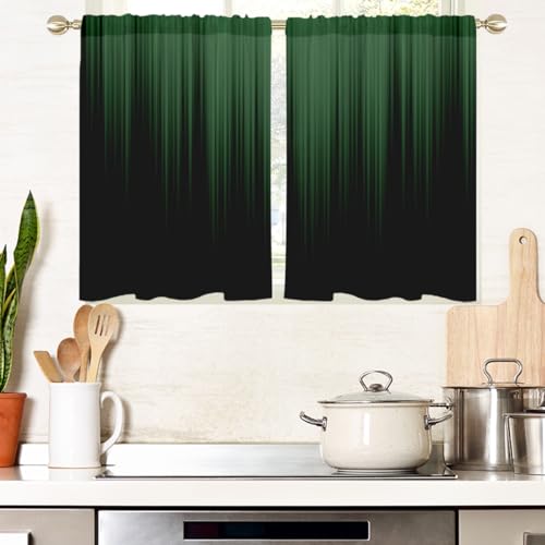 "AAtter Green and Black Kitchen Curtains, Ombre 27.5"" W x 39"" L, 2 Panels - Modern Rod Pocket Bathroom Window Drapes, Dark Abstract Striped Style, Cool Anime Design, Trendy Gradient Small Short Tiers"