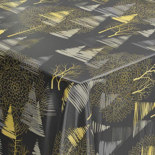 Venilia Trees Tablecloth Tablecloth, Table Linen, Oilcloth, Christmas Table Decoration, Easy-care, Water-Repellent, PVC Polyester, Rectangular, 1.4 x 2 m, 55307, Black/Gold