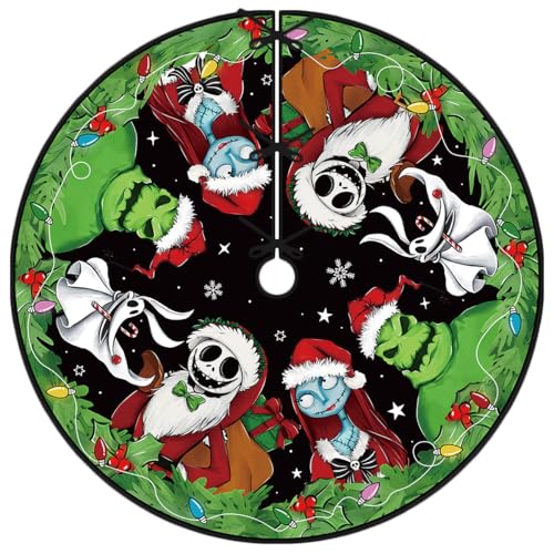 Christmas Tree Skirt 48 Inch Chistmas Nightmare Before Tree Collar Jack and Sally New Year Winter Xmas Tree Decor Zero Christmas Decorations for Home Party