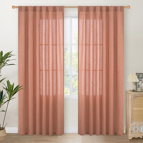 YoungsTex Rust Terracotta Linen Curtains 80 Inch Length, Burnt Orange Semi Sheer Drapes with Rod Pocket Back Tab Light Filtering for Bedroom Living Room Window, 2 Panels, 52 X 80 Inch
