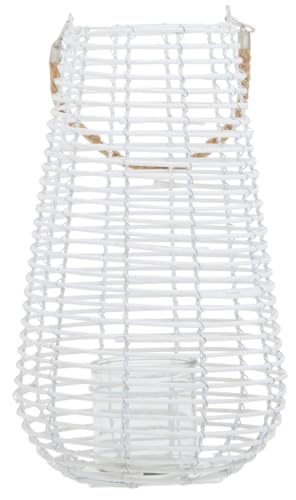 Premier Housewares Green Lantern Large White Rattan Lantern With Natural Rope Handle Lantern Fairy Lights Boho Chic, Glass Candle Holder, 25x41x25cm