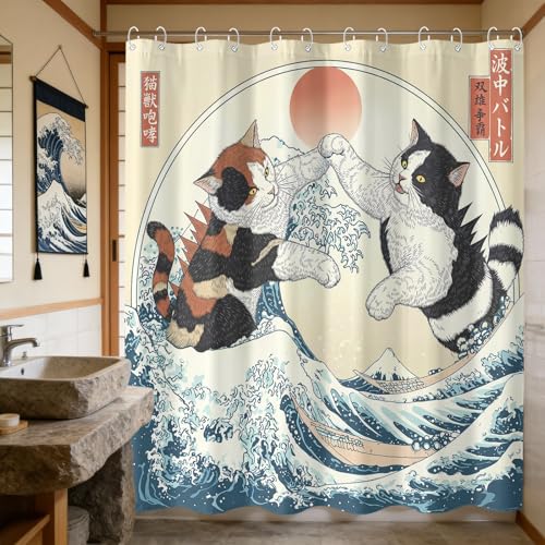 Kanuyee Kaiju Cat Shower Curtain, Water-Repellent Bathroom Decor with Plastic Hooks, Funny Japanese Art Tale Home Decor 72x72 Inch.