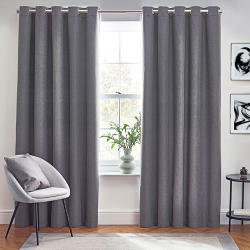furn. Dawn Textured Blackout Eyelet Curtains – Thermal Lined Pair (Charcoal - Width 229 x Drop 183cm)