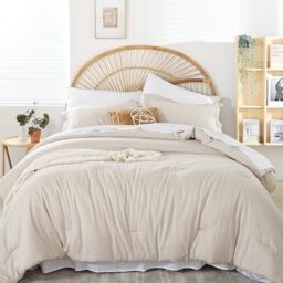 weigelia Queen Comforter Set Boho Bed Bedding 7PC Beige Comforter Queen Size Soft All Season Microfiber Comforter with Fitted Sheets, Flat Sheets, Pillow Shams, and Pillowcases