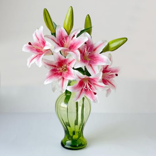 Yalzone 2 Pcs 28โโ Pink Artificial Lily Flowers Fake Real Touch Lily 3 Heads 2 Buds Pink Flowers Artificial Faux Lily for Indoor Home Office Decor Wedding Bouquet Decoration Table Centerpiece