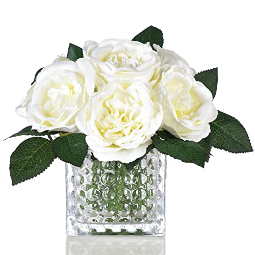 GreenHouzz Artificial Peony Silk Flower Centerpieces Faux Floral Arrangement in Glass Vase for Home Wedding Table Decoration (Cream)