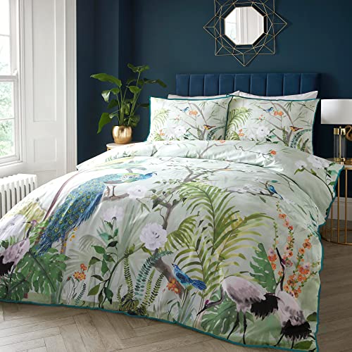 SOIREE Jungle Peacock Duvet Cover – Super King 260x220cm – Cotton Sateen – Tropical Birds & Animals Print – Piped Edge – 2 Pillowcases – Luxury Green Bedding – Exotic Botanical Design