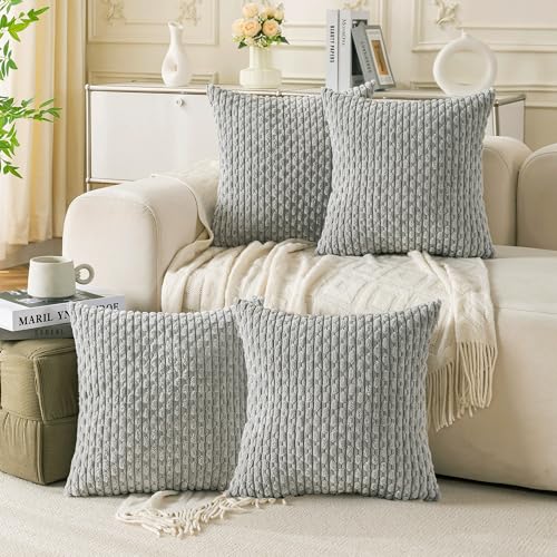 Cozoomy Set of 4 Grey Decorative Throw Pillow Covers 24x24 Inch Corduroy Pillow Covers for Bed Couch Sofa Living Room Soft Square Cushion Cases