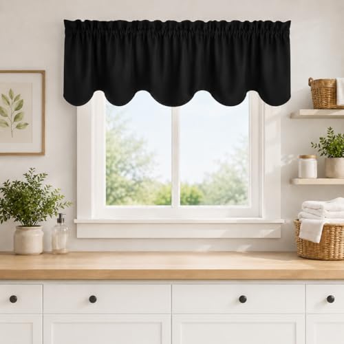 Aquazolax Kitchen Valances for Windows Readymade Blackout Window Scalloped Valance Curtains, 52inch by 18inch, Black, 1 Piece