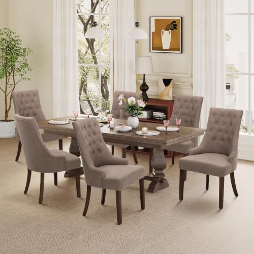 MALOL Upholstered Dining Chairs Set of 6, Wingback Dining Room Chairs with Tufted Button, High Back Kitchen Chairs with Solid Wood Legs, Thick Seat Cushion, Anti-Slip Pads, Brown