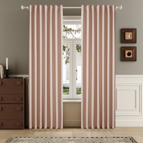 "DUALIFE 100% Blackout Linen Baby Pink Curtains 84 Inch for Living Room Darkening, Bedroom Linen Drapes 84 Inches Long Rod Pocket/Back Tab Heat Blocking Bohemian Pleated Window Curtain(50""x84""x2)"