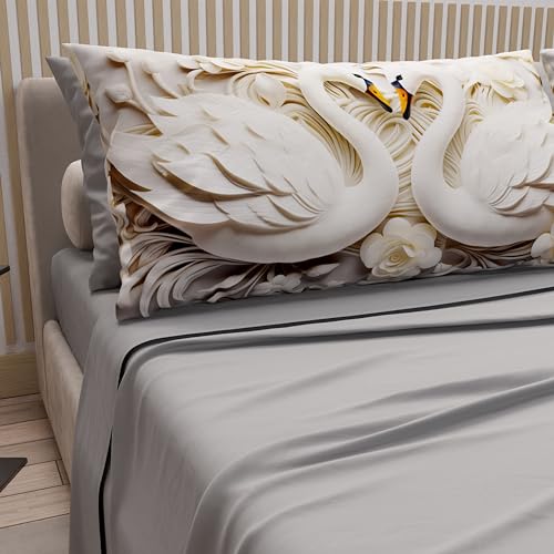 PETTI Artigiani Italiani - Cotton Sheets with Pillowcases in Digital Print, Double Bed Sheet, Swans, 100% Made in Italy