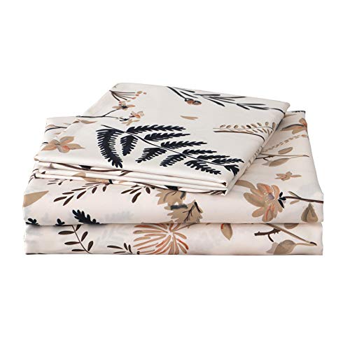 KOMFOR 4 Piece Bed Sheets Set Queen Floral Leaves Hotel Luxury Bedding Sheet - 1 Flat Sheet 1 Fitted Sheet 2 Pillowcases Double Brushed Microfiber Hypoallergenic Deep Fitted Sheet Set Beige