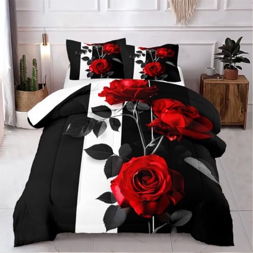 CCoutueChen Rose Comforter Set King Black Red Bedding Set Striped Floral Bedding for Women Aesthetic Comforter with 2 Pillowcases, Ultra Soft Lightweight 3Pieces