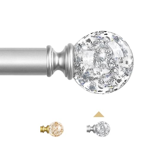 TVWOO Silver Decorative Crystal Curtain Rods:66-120 Inch Heavy Duty Adjustable Window Curtains Rods for Bedroom Living Room,Nickel Modern Girly Acrylic Drapery Rods Set with Sheer Bling Foil Finials
