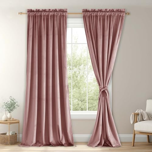JIUZHEN Wild Rose Velvet Curtains for Living Room -84 inches Long Thermal Insualted Room Darkening Window Drapes for Bedroom/Background, Set of 2 with Tiebacks, 70W x 84L