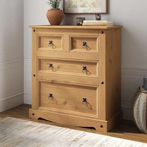 Corona Chest of Drawers 4 Drawer Solid Pine Wood with Traditional Design, Large Drawer Space, Black Metal Hardware, Wax Finish, 90cm H x 82cm W x 40cm D