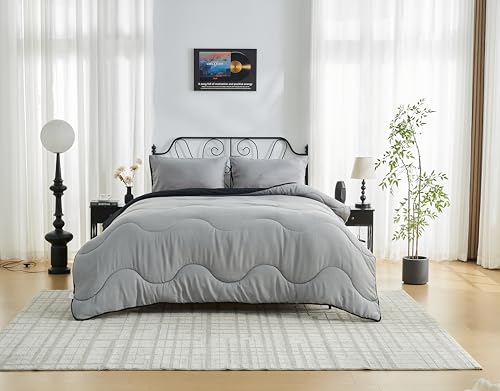 GC GAVENO CAVAILIA 10.5 Tog Double Duvet - Microfiber Quilt Wave Stitching, Down Alternative Comforter with Pillowcases - Reversible Coverless Duvet - Warm Bedding - (200x200cm), Black/Grey