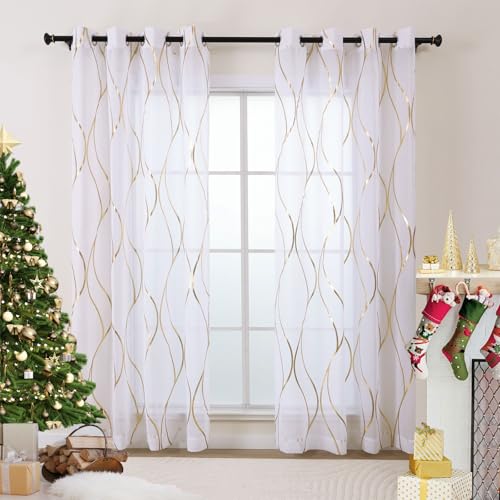 L.Z.E White and Gold Sheer Curtains 84 Inches Long 2 Panels Set, Gold Foil Printed Sheer Curtains for Living Room Dining Room, Light Filtering Grommet Window Drapes with Wave Patterns
