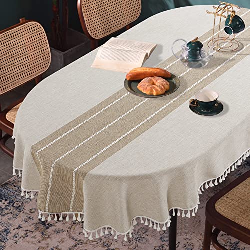 HOMBYS Solid Embroidery Oval Tablecloth with Tassels for Oval Table, 60 x 102 Inch Lace Dust-Proof Table Cover for Kitchen Dinning, Wrinkle Free Anti-Fading Tabletop Decoration