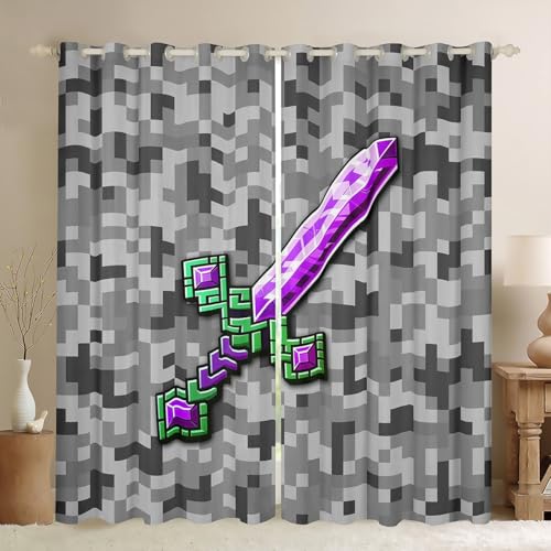 Green Purple Sword Window Curtain,Miner Check Privacy 30-50% Blackout Curtain for Window Video Games Shade Windows Covering for Bedroom Cool Pixel Drapes 2 Panels,38Wx45L