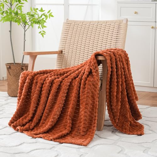 "Puncuntex Burnt Orange Throw Blanket 50""×60"" inches Fuzzy 3D Jacquard Decorative Flannel Fleece Super Soft Plush Cozy Blanket for Couch Sofa Chair Lightweight"