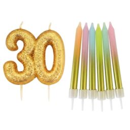 Age 30 Glitter Candle Set - Gold Numeral Birthday Candle with Pastel Rainbow Ombre Candles - Cake Topper Decoration Kit for 30th Birthday Party - AMZ026