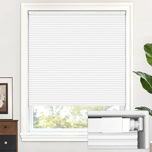 LazBlinds Cellular Curtains Without Cords No Tools or Drill Required Blackout Pleated Honeycomb Curtains for Windows, W24 x L64 Inch Silver White