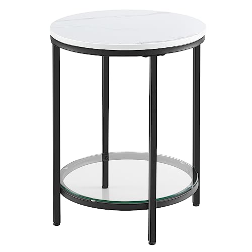 VASAGLE Bedside Table, 2-Tier Side Table, Coffee Table with Particleboard Top and Glass Shelf, for Living Room, Bedroom, Home Office, Small Spaces, Modern Minimalist, Marble White and Black LET285B13