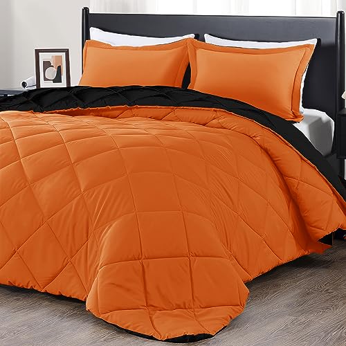 downluxe Full Size Comforter Set - Orange and Black Comforter - Soft Bedding Set for All Seasons - 3 Pieces Set with 2 Reversible Pillow Shams