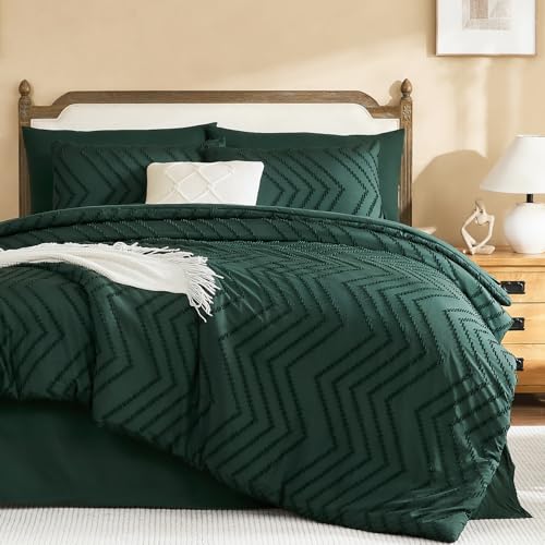 Litanika California King Comforter with Sheets, 7 Pieces Boho Bed Set - Dark Emerald Green Bed in a Bag Fluffy Lightweight Neutral Soft Warm Chevron Tufted Textured Bed Set