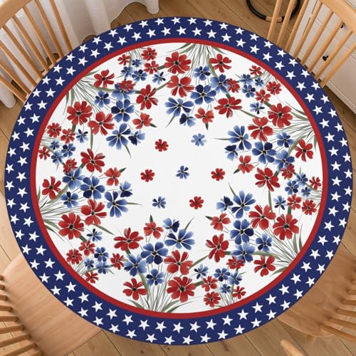 "4th of July Round Fitted Tablecloth with Elastic Patriotic Red White Blue Floral Table Cloth with Star Border Decorative Washable Independence Table Cover Picnic Party Patio Home for 40""-44"" Table"