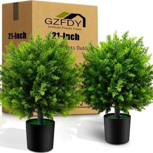 Artificial Plants Outdoor, Faux Cedar Topiary Ball Tree, Fake Bushes Uv Rated Potted Plants for Porch, Outdoor, Walkway, Garden, Entryway Decorating (2 Pack)