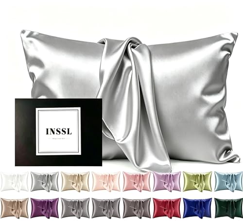 INSSL Silk Pillowcase for Women, Mulberry Silk Pillowcase for Hair and Skin and Stay Comfortable and Breathable During Sleep (Grey, Standard)