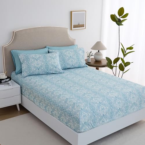 Spirit Linen Home 6-Piece Elegant Soft Bed Sheet Set - Full, Blue Paisley - Deep Pocket Soft and Breathable Microfiber Material Bed Sheets with 1 Fitted Sheet, 1 Flat Sheet, and 4 Pillowcases included