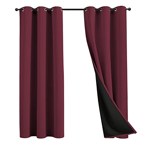 JSFLY 100% Blackout Curtains 63 inch Length for Bedroom, Thick Noise Reduction Thermal Insulated Grommet Window Drapes Room Darkening Curtains for Living Room, 2 Panels (42x63 inches,Wine)