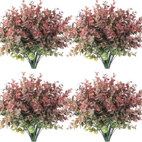 RECUTMS 12 Bundles Fake Bushes Artificial Plants Outdoor Faux Plant Eucalyptus Stems Fake Porch Plants for Farmhouse Bathroom Office Vase Centerpiece Indoor Outdoor Decor(Dusty Red)