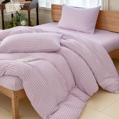 NSNLGSGC Purple Gingham Duvet Cover Set, Twin - Grid Simple Geometric Square Pattern, Soft Plaid, Washed Microfiber, 2PCS