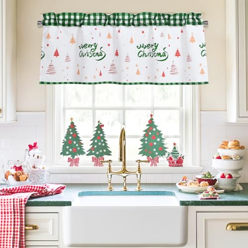 DWCN Christmas Valance Curtains for Living Room, Valances for Small Window, Farmhouse Solid Short Topper -1 Panel, 52 X 18 Inch, Green Grid Christmas