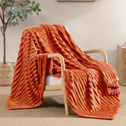 "Geniospin Fleece Throw Blanket 50"" x 60"", 280GSM Terracotta Throws, Cozy Lightweight Durable Blanket, Super Soft Plush Throw with Strip for Couch, Bed, Sofa, Warm and Breathable (50x60 inches)"