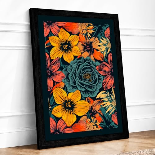 Festive Floral Tapestry Botanical Framed Wall Art Print A4 Black