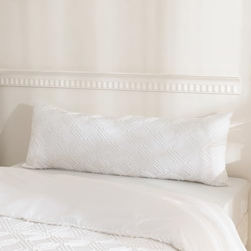 JELLYMONI Pillowcases Body Size White 1 Pack Boho Plaid Bed Pillow Covers 20x54in Polyester Envelope Pillow Shams Tufted Bohemian Jacquard Knit Textured (Pillows are not Included)