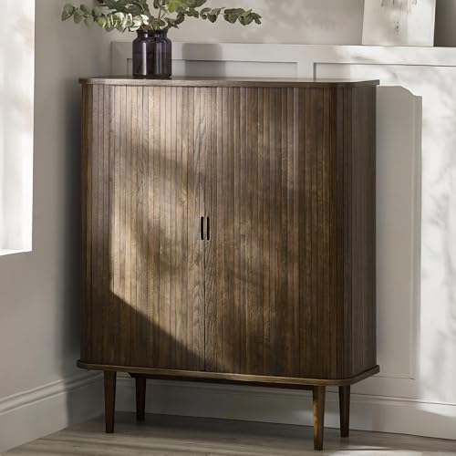 Julian Bowen Arya Drinks Cabinet, Dark Oak Effect - H120 x W100 x D40cm - Modern Wine Cabinet with Glass Holders, Wine Rack & Tambour Sliding Doors, Liquor Bar Storage for Living & Dining Room