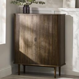Julian Bowen Arya Drinks Cabinet, Dark Oak Effect - H120 x W100 x D40cm - Modern Wine Cabinet with Glass Holders, Wine Rack & Tambour Sliding Doors, Liquor Bar Storage for Living & Dining Room